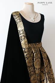 Black And Gold Lehenga Skirt Simple Black Brocade Skirts With Matching Velvet Dupattas Shop Now At Poppylane Ca Designer Dresses Indian Indian Outfits Indian Fashion
