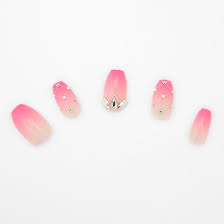 Déposer la colle à l'intérieur du faux ongle. Faux Ongles Carres Avec Strass Et Degrade De Couleurs Roses Lot De 24 Claire S Fr