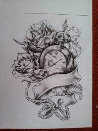 Two variants, traditional black dot style and color ink. Rose With Ribbon Tattoo Design Photo 3 Watch Tattoos Time Tattoos Clock Tattoo Design