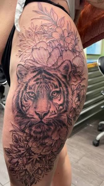 First session on this massive Tiger, Floral and Mandala thigh tattoo by @rubyemilyscarlett.art. , #blackandgreytattoo #tigertattoos #thightattoo #mandalatattoo #leicestertattooartist #floraltattoos ...
