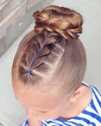 Blonde Hair Bun Braid Blue Rubber Bands Braided Hairstyles For Little Girls Blue Whit In 2020 Easy Little Girl Hairstyles Girls Hairstyles Easy Cute Braided Hairstyles