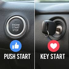 Push-start cars use a button to start the engine while the key fob remains  in your pocket or bag. Sensors in the car detect the fob automatically,  allowing the engine to start