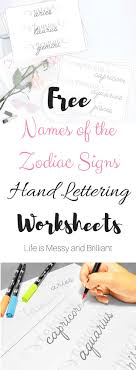 names of the zodiac signs hand lettering practice worksheets