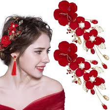 2 Pcs Red Flower Hair Clips Rose Floral Bridal Togo