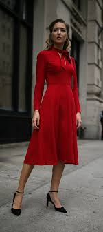 30 Dresses In 30 Days Business Conference Red Long Sleeve Fit And Flare Tie Neck Midi Dress Black Ankle Strap Pumps Black Fashion Dresses For Work Style