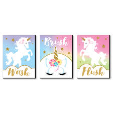 Rainbow Unicorn Kids Bathroom Rules Wall Art 7 5 Inches X 10 Inches Set Of 3 Signs Wash Brush Flush Walmart Com Walmart Com