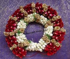 Gajra Or Veni Made With Real Rose Petals Jasmine Buds And Artificial Gold Roses Bridal Hair Decorations Bridal Hairdo Bridal Hair Flowers