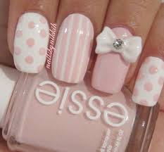 Pink is having a moment. Light Pink And White With Stripes Polka Dots And Bling Bow Magic Nails Cute Nails Dots Nails