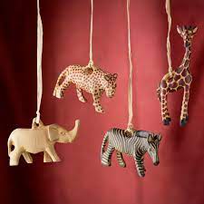 Kenyan Carved Olive Wood Safari Animal Ornaments Set Of 4 Animal Ornament Ornament Set Fishing Christmas Ornaments