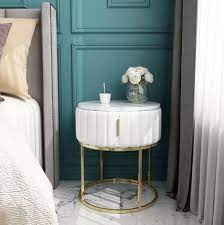 Nathan james oraa round wood nightstand, bedside, end or side table with storage, metal frame with gray fabric basket, light brown/white. Harmony Round White Grey Green Marble Gold Metal Velvet Bedside Table Furniture Home Living Kitchenware Tableware Table Linen Textiles On Carousell