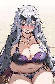 ki-51 (ampullaria), sigillaria (flower knight girl), flower knight girl,  absurdres, highres, 1girl, @ @, bags under eyes, beach, belly, bikini,  blush, breasts, cleavage, grey hair, huge breasts, long hair, looking at  viewer,