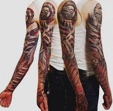 Biomechanik Tattoo Ganzer Arm Rote Akzente Biomechanik Tattoo Biomechanik Armeltatowierungen