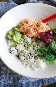 Spicy Crab Poke Bowls Funnylove Spicy Crab Sushi Bowl Recipe Imitation Crab Recipes