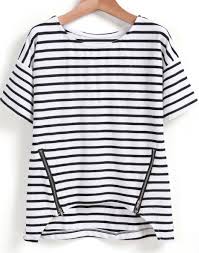 Black And White Striped Tee Black White Striped Zipper Dip Hem T Shirt Black And White T Shirts Black White Stripes White Striped Tee