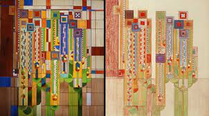 On this glass panel, enamel. Frank Lloyd Wright Saguaro Forms And Cactus Flowers