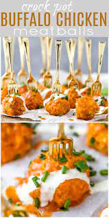 Crockpot Buffalo Chicken Meatballs The Best Crockpot Meatballs Recipe Chicken Meatballs Spicy Appetizers Buffalo Chicken Meatballs