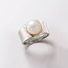 Black And White Pearl Rings Silver 9 5 10mm Cultured Pearl Ring In Sterling Silver With 14kt Gold Ross Simons In 2020 White Pearl Ring Cultured Pearl Ring Black Pearl Ring