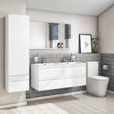 Double sink bathroom vanity cabinets are often mounted one above the other with space left for towels (and bottle traps) between. 1200mm White Wall Hung Double Vanity Unit With Basin Boston Better Bathrooms