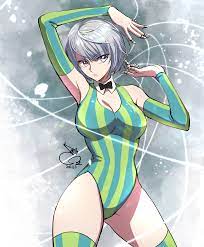 302, shirogane (karakuri circus), karakuri circus, silver hair, highres,  1girl, bow, bowtie, breasts, cleavage, detached collar, detached sleeves,  grey eyes, leotard, long hair, short hair, solo, string, striped, striped  leotard, thighhighs -