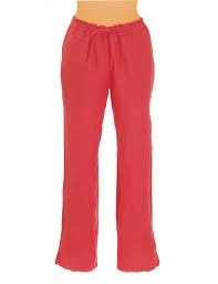 Tissage de lin léger et respirant. Pantalon Lin Corail Taille Elastique Dos Lien Devant 2 Poches Cote M L Xl