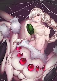 yuuko takega, kumoko (kumo desu ga nani ka?), kumo desu ga nani ka?,  highres, third-party edit, 1girl, arachne, arthropod girl, blush, bottle,  braid, breasts, drunk, female focus, groin, heavy breathing, insect girl,