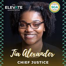 Meet Tia Alexander, our Chief Justice! Tia is a senior Political Science  Major and Philosophy minor from New Orleans, LA. Her goal is to ensure that  the Judicial Council faithfully upholds the