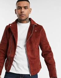 Asos Design Faux Suede Biker Jacket In Burgundy Asos