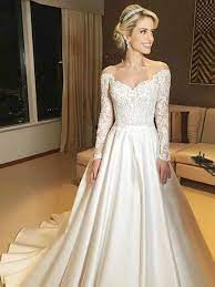 ✅ free delivery and free returns on ebay plus items! A Line Sweetheart Off Shoulder Long Sleeves Wedding Dresses With Lace Vpw Long Sleeve Satin Wedding Dress Lace Wedding Dress With Sleeves Wedding Dress Sleeves