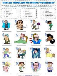 Name of diseases in humans with images in english. Health Problems Illnesses Sickness Ailments Injuries Matching Exercise Vocabulary Worksheet Common Cold Influenza