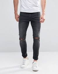 Asos Super Skinny Jeans With Knee Rips In Light Grey Wash 163 30 00 Asos Grey Jeans Men Mens Grey Skinny Jeans Ripped Jeans Men