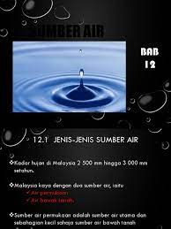 Potensi sumber semula jadi seperti air di malaysia berjaya dimanfaatkan untuk keselesaan semua pihak. Bab 12 Sumber Air Pptx 2