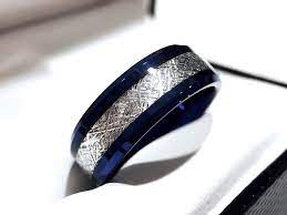 Meteorite Ring Blue Meteorite Ring Men Women Wedding Bands Blue Tungsten Ring Blue Tungsten Wedding Bands Womens Tungsten Rings Mens Wedding Rings