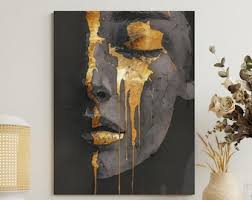 Kintsugi Portrait Canvas Art: Gold Paint Dripping, Moody Wall Decor