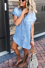 Cute Pocketed Shirt Dress Denim Shirt Dress Fashion Ladies Mini Dresses