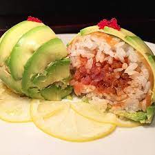 Inside Of The Avocado Ball Spicy Tuna Tartare Sushi Rice Salmon Wrapped With Avocado And Topped With Tobiko Sushi Fine Food Spicy Tuna