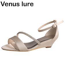 Check spelling or type a new query. Small Wedge Heel Wedding Shoes For Summer Ivory Satin Women Diamante Sandals Middle Heels Aliexpress