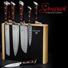 Each samurai kitchen knives set includes one chef's knife, one bread knife, one utility knife, and one paring knife, along with a wooden sword stand that shows off your faux collection of historical artifacts in their full glory. Samurai Kitchen Knife Redwood Collection