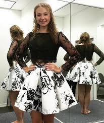 Elegant 2 Piece Long Sleeves Black Short Homecoming Dress With Lace Beading Prin Two Piece Homecoming Dress Two Piece Cocktail Dresses Homecoming Dresses Short