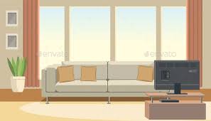 Living Room Interior With Sofa And Tv Flat Vector Living Room Background Modern Living Room Interior Window Curtains Living Room