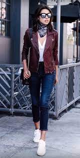 Red Leather Jacket Mirror Sunglasses Silk Scarf Blue Jeans Chain Purse White Top Street Fashion Women Fashion Fashion Outfits Fall Outfits