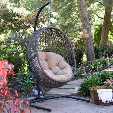 Amazon Com Resin Wicker Espresso Hanging Egg Chair With Tufted Khaki Cushion And Stand Patio Lawn Hanging Egg Chair Hanging Chair Outdoor Egg Swing Chair