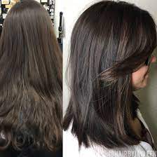 Balayage Dark Hair Lob Haircut Dark Brown Hair Chocolate Brown Hair Before And After Hair Painting Medium Balayage Hair Dark Mocha Brown Hair Lob Haircut