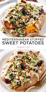 Vegan Stuffed Sweet Potatoes With Mediterranean Quinoa Simply Quinoa Recipe Whole Food Recipes Vegan Dinners Vegan Sweet Potato