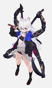 ーさんのツイート ケモミミギャル系のjk服メガネ首輪ギザ歯パーカー赤目刺青メカ腕貧乳日本刀白髪チューブトップホットパンツ娘 フォロワーさんの好きな要素を詰め込んだ anime character design concept art characters character design inspiration