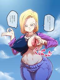 rickert kai, android 18, dragon ball, translation request, 1girl, ass,  bargain, blonde hair, blue eyes, breasts, colored skin, female focus,  japanese text, large breasts, money gesture, nipple sex, nipples, oppai no  hi,