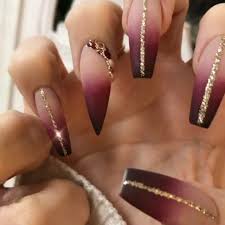 Black And Red Ombre Nails Dark Berry Red Ombre With Gold Glitter Lines And Crystals On Long Coffin Stiletto Nails Nail Art Gold Stiletto Nails Dark Red Nails Red And Gold Nails