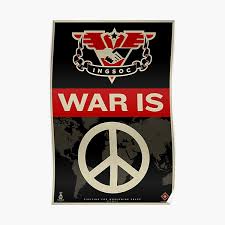 Features a soldier of oceania marching forth with a bayonet in front of the ingsoc party emblem with the text over there! Ingsoc Posters Redbubble