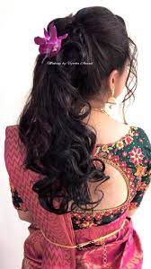 Pretty Bridal Reception Hairstyle By Vejetha For Swank Bridal Updo Curls Saree Blouse Design Wedding Blouse Designs Bridal Blouse Designs Reception Sarees