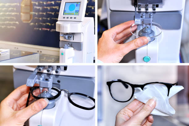 Precision optical craft lab assembling eyeglasses, cutting prescription lenses, and verifying optical alignment