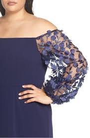 Off The Shoulder 3d Floral Sleeve Scuba Crepe Evening Dress Eliza J Evening Dresses Plus Size Floral Dresses With Sleeves Floral Sleeve